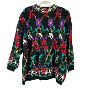 Vintage Maggie Lawrence Bow Flower Holiday Graphic Sweater 26/28 (4X)